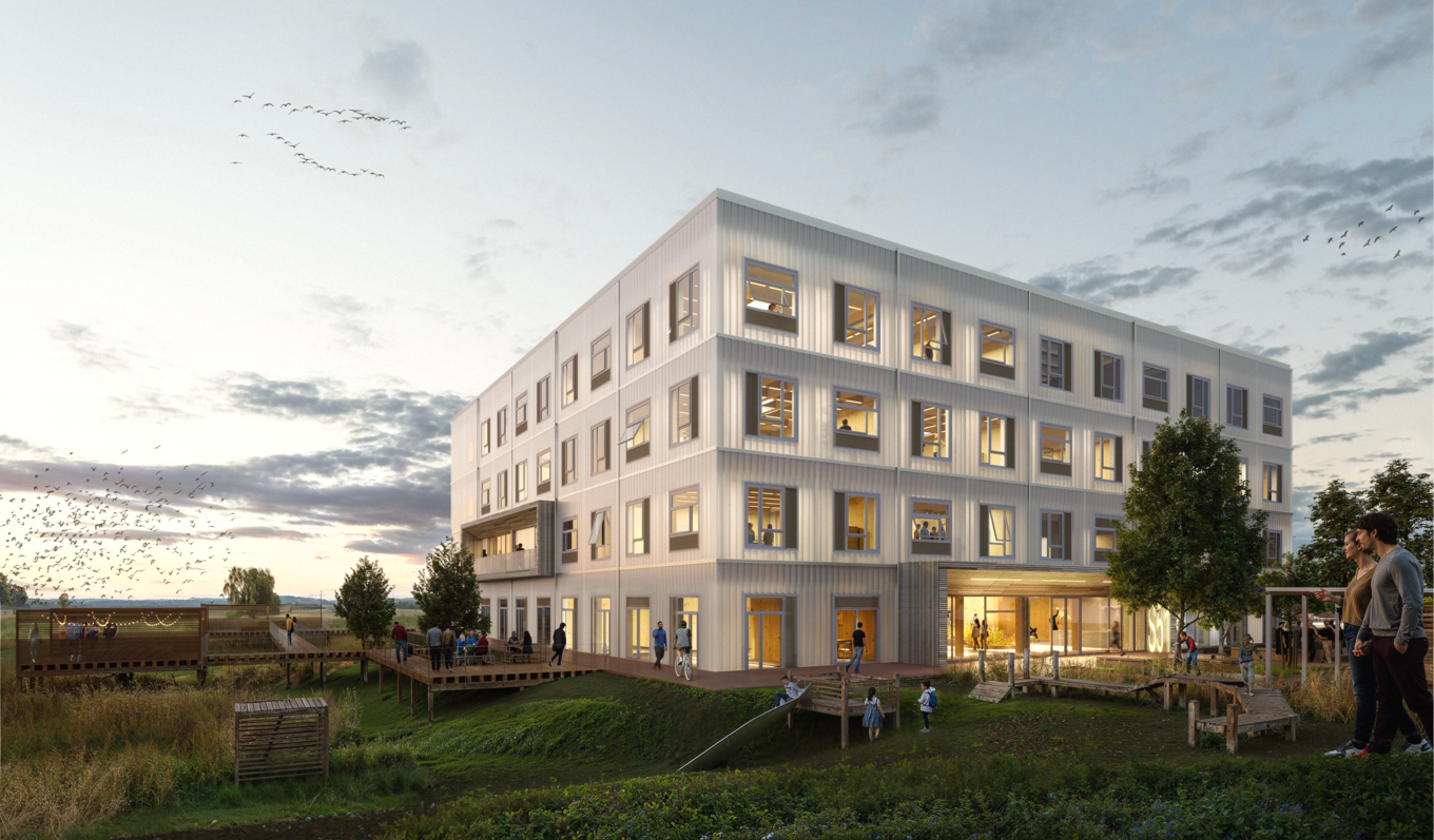 Visualisierung der Außenansicht des Gründungszentrums | © BIS/Partner und Partner Ein würfelartiges Gebäude mit einer grünen Wiese | © BIS/Partner und Partner