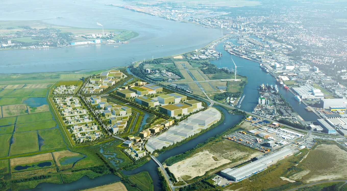 Visualisierung des nachhaltigen Gewerbegebietes LUNEDELTA in Bremerhaven | © BIS/urbanegestalt Part GmbB Visualisierung einer Stadt von oben | © BIS/urbanegestalt Part GmbB
