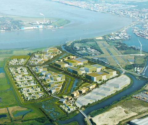 LUNEDELTA Blick Richtung Bremerhaven | © BIS / urbanegestalt PartGmbB Visualisierung des nachhaltigen Gewerbegebietes LUNEDELTA mit Blick auf Bremerhaven | © BIS / urbanegestalt PartGmbB