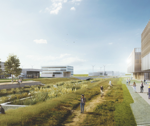Die Außenanlage im LUNEDELTA | © BIS / Partner und Partner Archtiektur / Lavaland Visualisierung einer grünen Landschaft mit mehreren großen viereckigen Gebäuden | © BIS / Partner und Partner Archtiektur / Lavaland