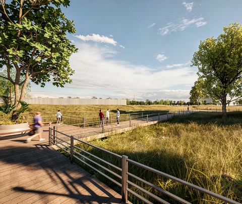 Blick ins Grüne im LUNEDELTA Bremerhaven | © BIS / Tim David Müller-Zitzke Visualisierte Außenanlage im Grünen mit Holzstegen | © BIS / Tim David Müller-Zitzke
