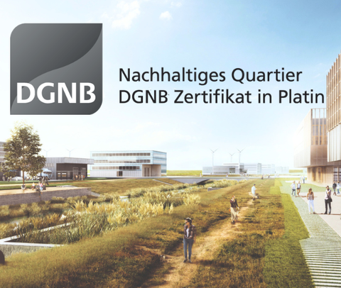 Das LUNEDELTA wurde mit dem Erschließungszertifikat der DGNB in der Stufe Platin ausgezeichnet. | © BIS / Partner und Partner Archtitekten Es handelt sich um eine Visualisierung. Am rechten Bildrand ist angeschnitten ein Gebäude zu sehen, auf der linken Seite eine grüne Wiese. Dazwischen sind mehrere Personen abgebildet. | © BIS / Partner und Partner Archtitekten
