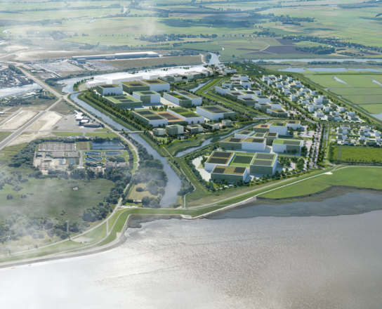 Luftansicht mit Gebäuden, Wasser und grünen Wiesen | © BIS/urbanegestalt PartGmbB