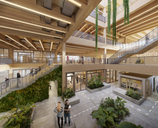 Ansicht eines Foyers über mehrere Etagen mit Holzverkleidung und Begrünung | © BIS/Partner und Partner