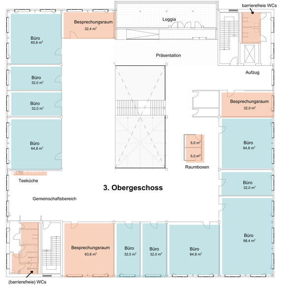 3. Obergeschoss Grundriss des luniq | © BIS / Partner und Partner Architektur Grundriss eines Bürogebäudes mit Besprechungsräumen, Einzelbüros und Sanitäranlagen. | © BIS / Partner und Partner Architektur