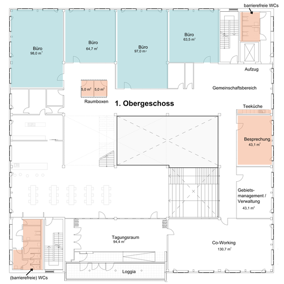 1. Obergeschoss Grundriss des luniq | © BIS / Partner und Partner Architektur Grundriss eines Bürogebäudes mit Besprechungsräumen, Einzelbüros und Sanitäranlagen | © BIS / Partner und Partner Architektur