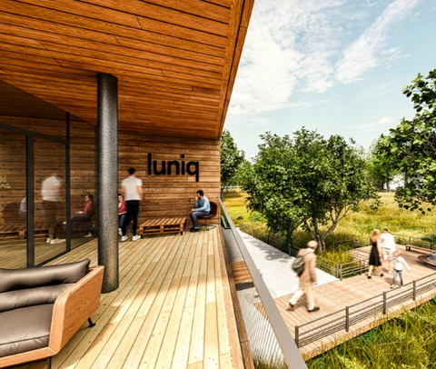 luniq - ein Blick auf die Loggia | © BIS / Tim David Müller-Zitzke Visualisierung der Loggia des luniq mit viel Holz und Blick ins Grüne | © BIS / Tim David Müller-Zitzke