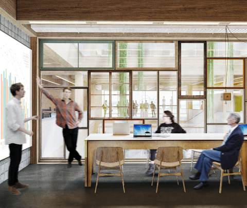 luniq - Blick in einen Meetingraum | © BIS / Partner und Partner Architektur Visualisierung eines Meetingraums im luniq mit einer großen Leinwand und Menschen, die etwas präsentieren | © BIS / Partner und Partner Architektur