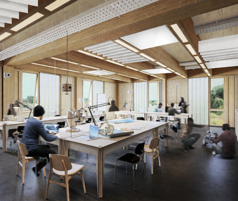 luniq - Blick in eine Werkstatt | © BIS / Partner und Partner Architektur Visualisierung einer Werkstatt im luniq, wo Leute an Laptops arbeiten, auf dem Boden sitzen und sich miteinander unterhalten | © BIS / Partner und Partner Architektur