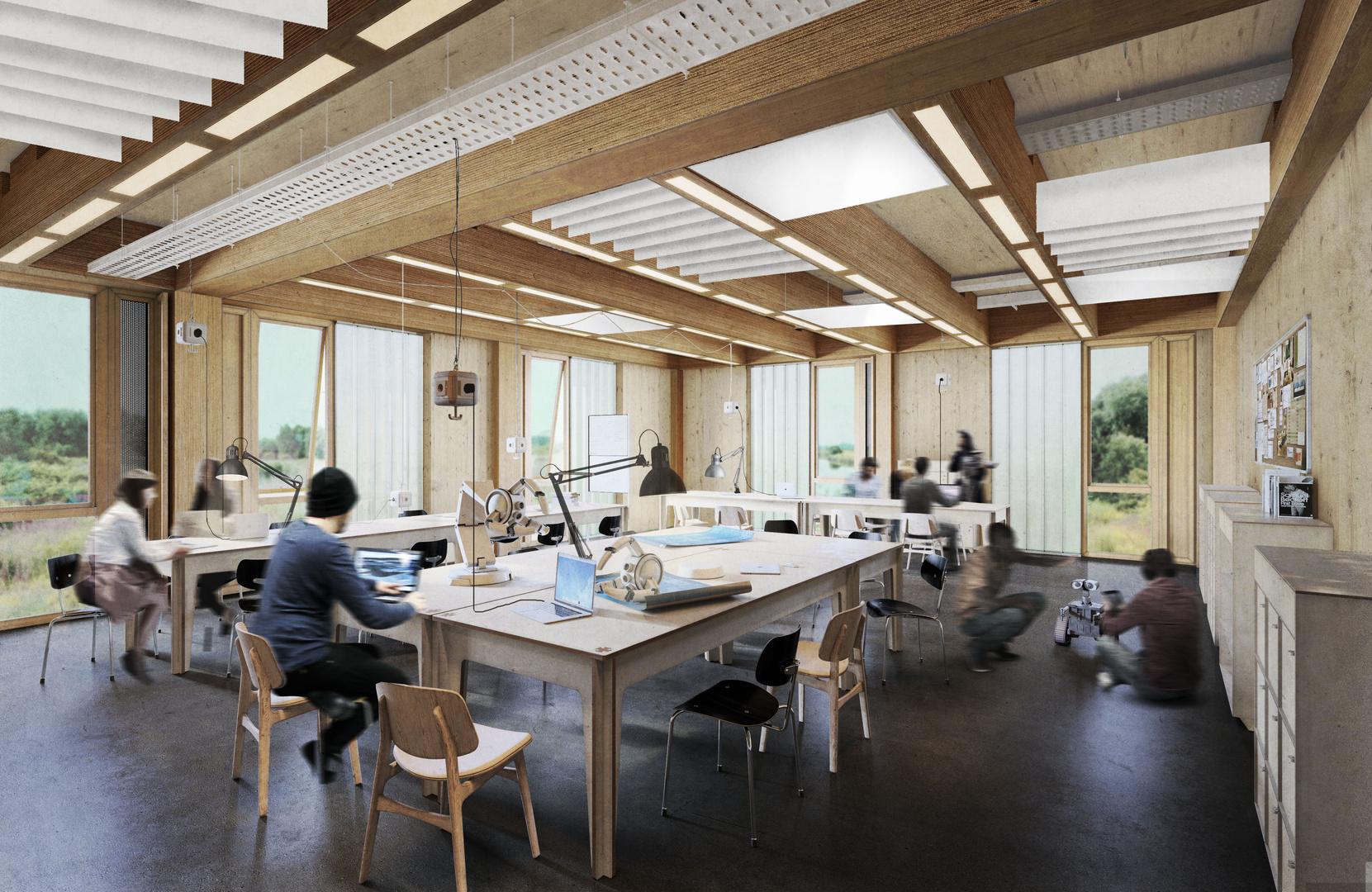 Innenansicht einer Werkstatt mit Holztischen und Menschen an Laptops | © BIS/Partner und Partner