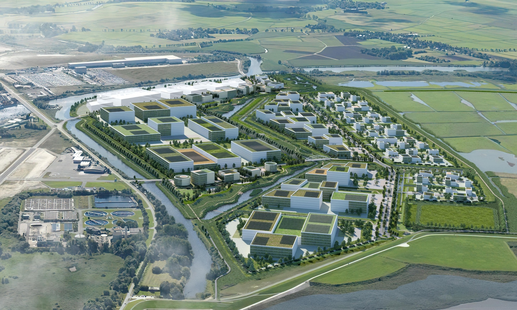 Visualisiertes Gewerbegebiet von oben mit verschieden großen Gebäuden | © BIS/urbanegestalt PartGmbB