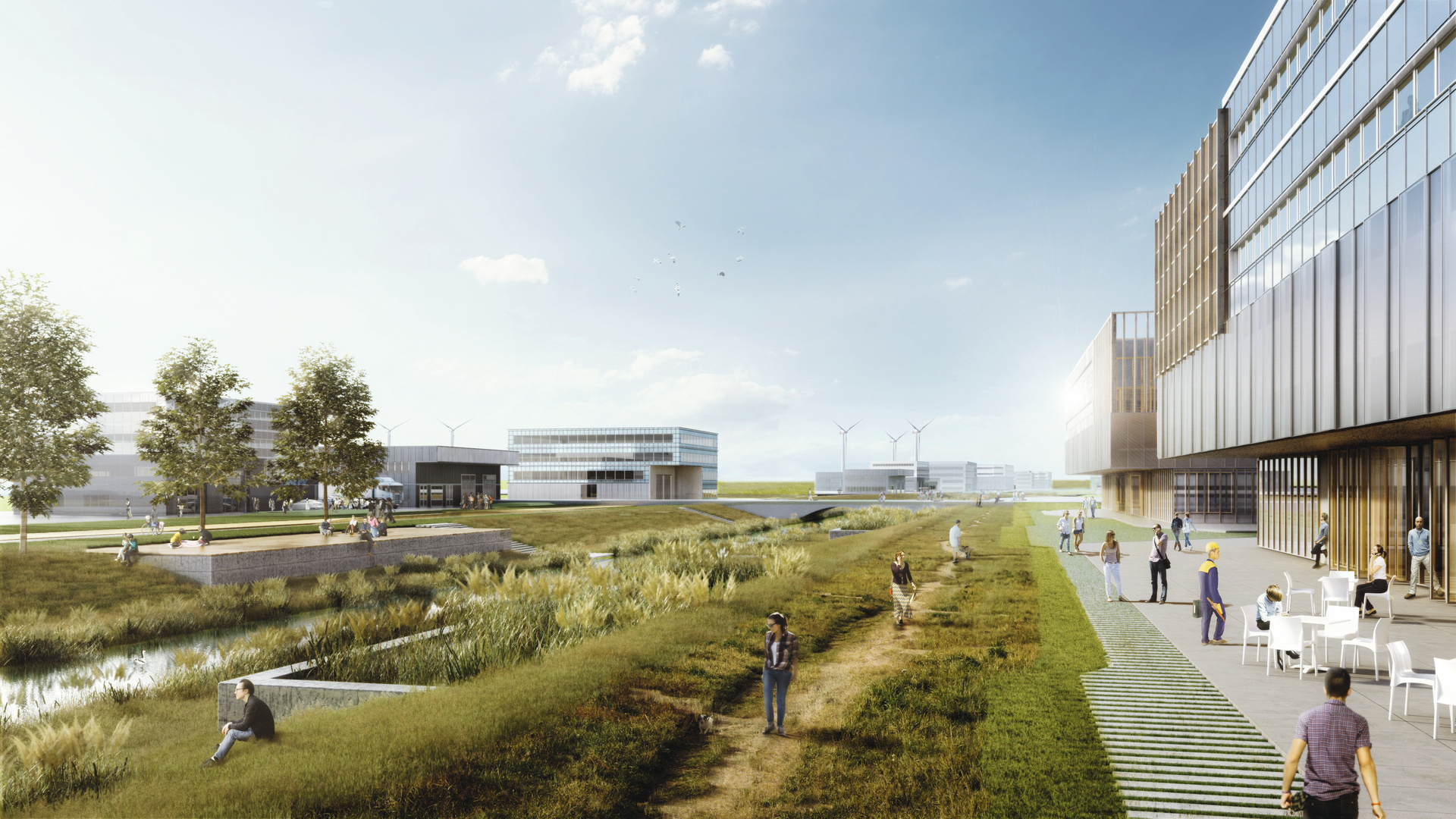 Wiese mit Menschen im Vordergrund sowie ein angeschnittenes Gebäude auf der rechten Seite und angedeutete Gebäude und Windkraftanlagen im Hintergrund | © BIS/Partner und Partner