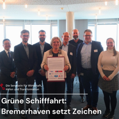 Kristina Vogt hat gemeinsam mit Reedereien, Häfen aus Belgien und Südkorea sowie der Organisation Solutions for our Climate eine gemeinsame Erklärung unterzeichnet. | © Die Senatorin für Wirtschaft, Häfen und Transformation Bremerhaven setzt Zeichen für grüne Schifffahrt | © Die Senatorin für Wirtschaft, Häfen und Transformation