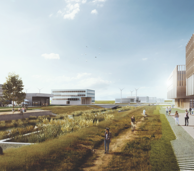Visualisierung: Im LUNEDELTA florieren Wirschaft und Natur | © BIS/Partner und Partner Archtiekten Es handelt sich um eine Visualisierung. Am rechten Bildrand ist angeschnitten ein Gebäude zu sehen, auf der linken Seite eine grüne Wiese. Dazwischen sind mehrere Personen abgebildet. | © BIS/Partner und Partner Archtiekten