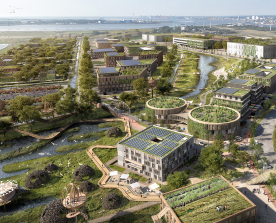 Visualisierung eines grünen Gewerbegebiets | © Reinventing Society & loomn, Foto: Dennis Vogt, Architekturvorlage: Tim David Müller-Zitzke