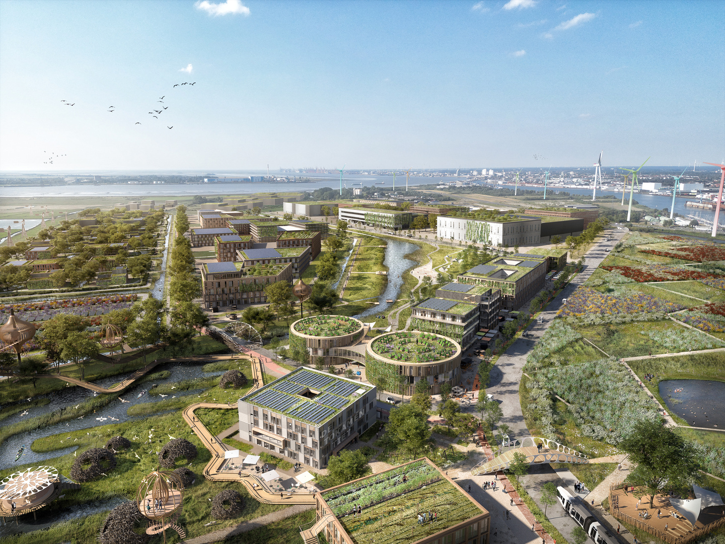 Zukunftsgrafik LUNEDELTA | © Reinventing Society & Loomn Zukunftsgrafik vom LUNEDELTA Gebiet mit visualisierten Gebäuden und Grünflächen | © Reinventing Society & Loomn